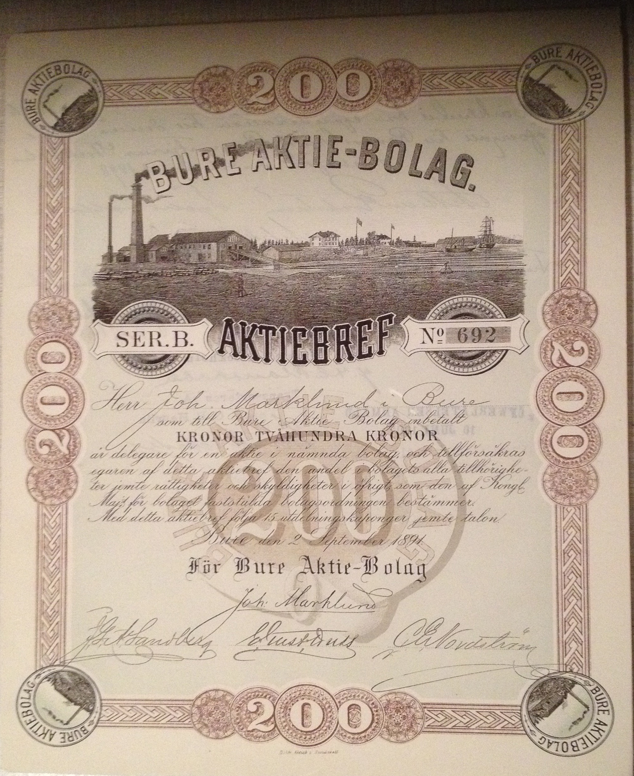 Aktiebrev från 1891